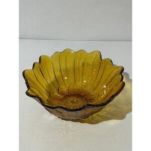 Vintage Amber Indiana Glass Sunflower Petal Scalloped Edge Serving Bowl MCM